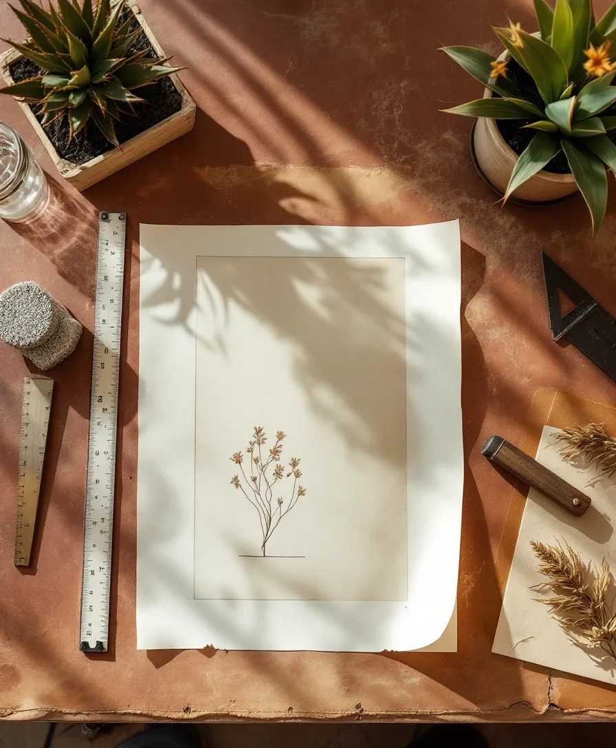 A hand-drawn planting plan on the drafting table with a scale ruler and dried desert clippings