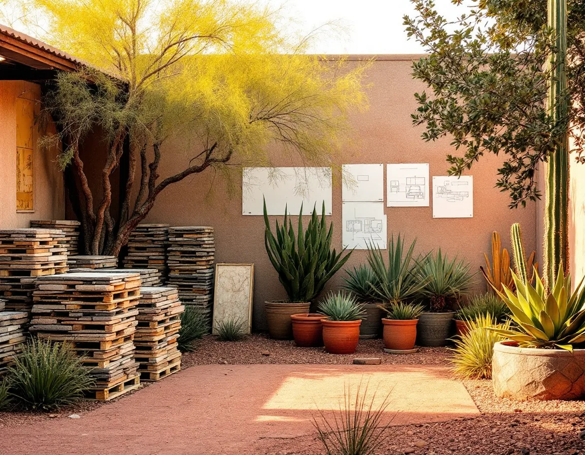 The Rowan Yard studio yard with stacked flagstone, potted ocotillo, and a work truck