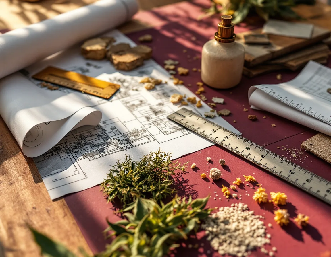 A drafting table with rolled planting plans, stone samples, and desert plant clippings