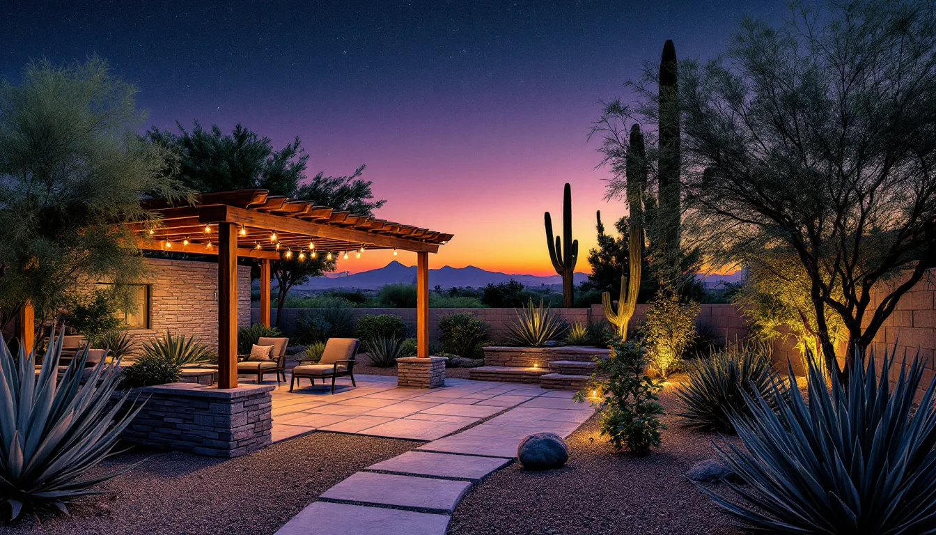A Phoenix backyard at dusk with a cedar ramada and stone patio
